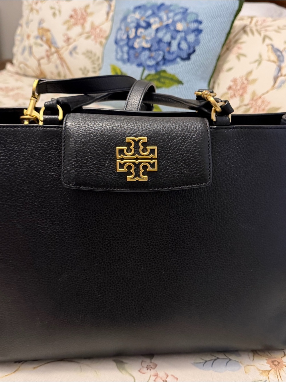 Tory Burch Black Leather Tote with Gold Logo Accent